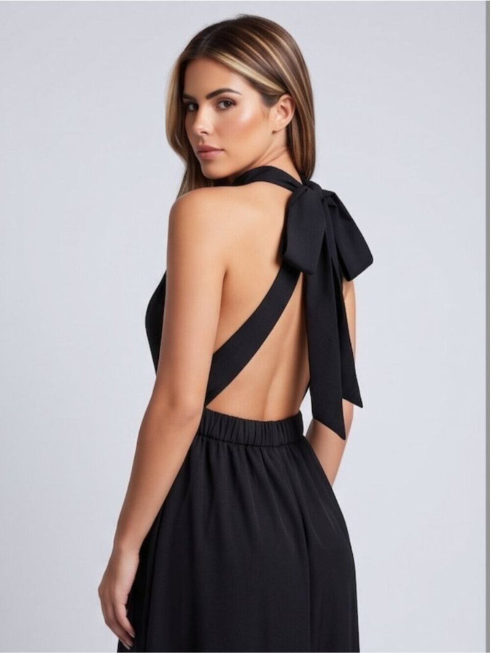 Backless Bow Tie Maxi Dress in Classic Black | High-Neck Halter Dress